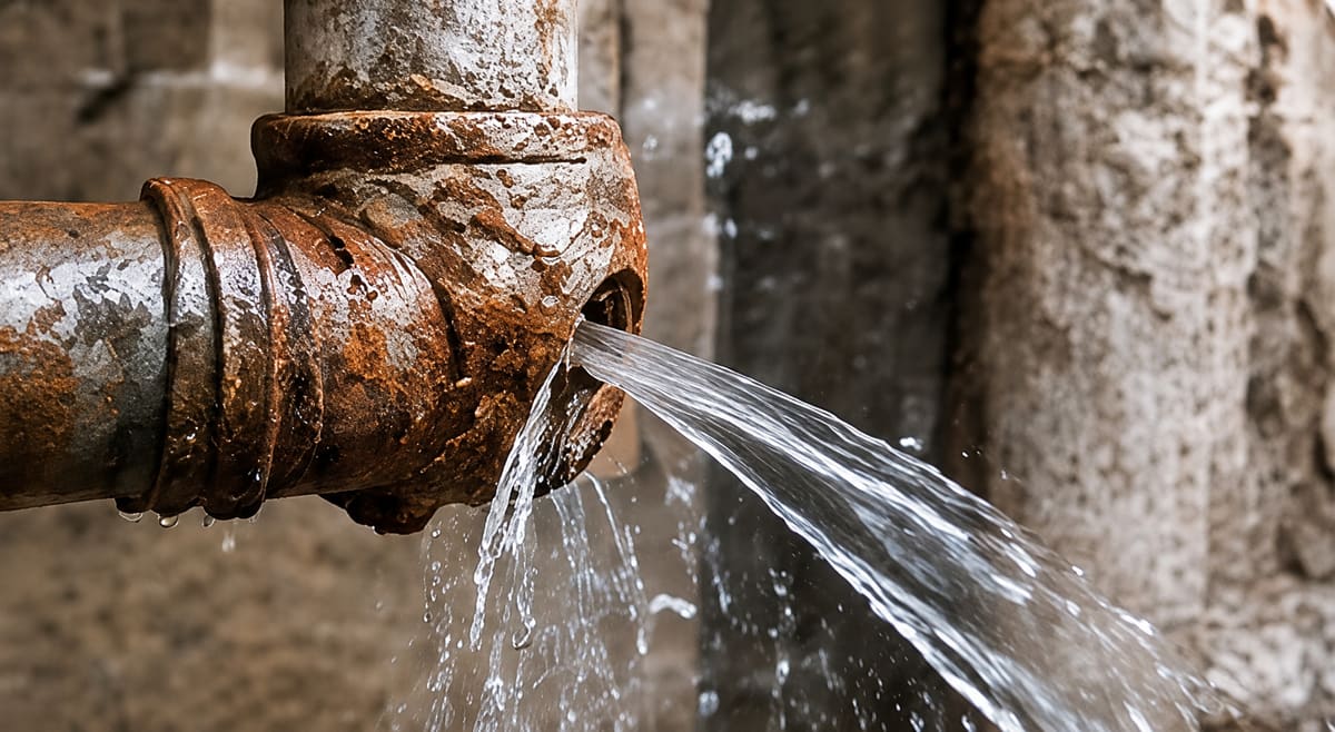 Water spraying from a burst, rusted pipe joint