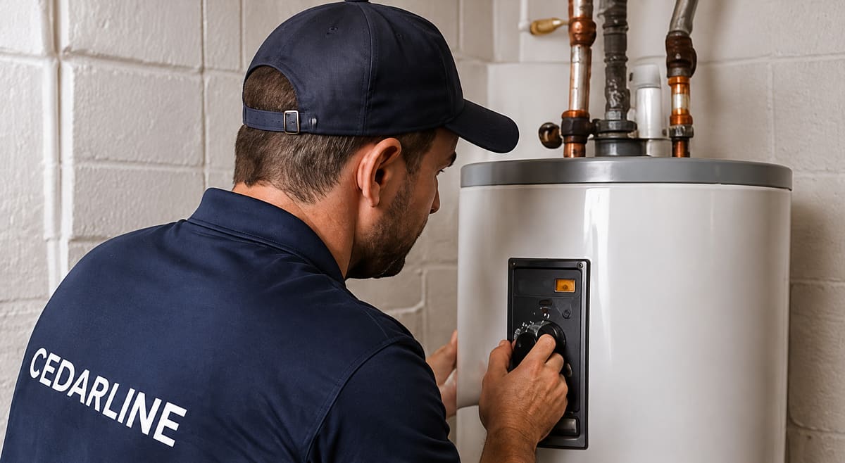 A plumber in a navy cap and uniform checks the controls on a water heater