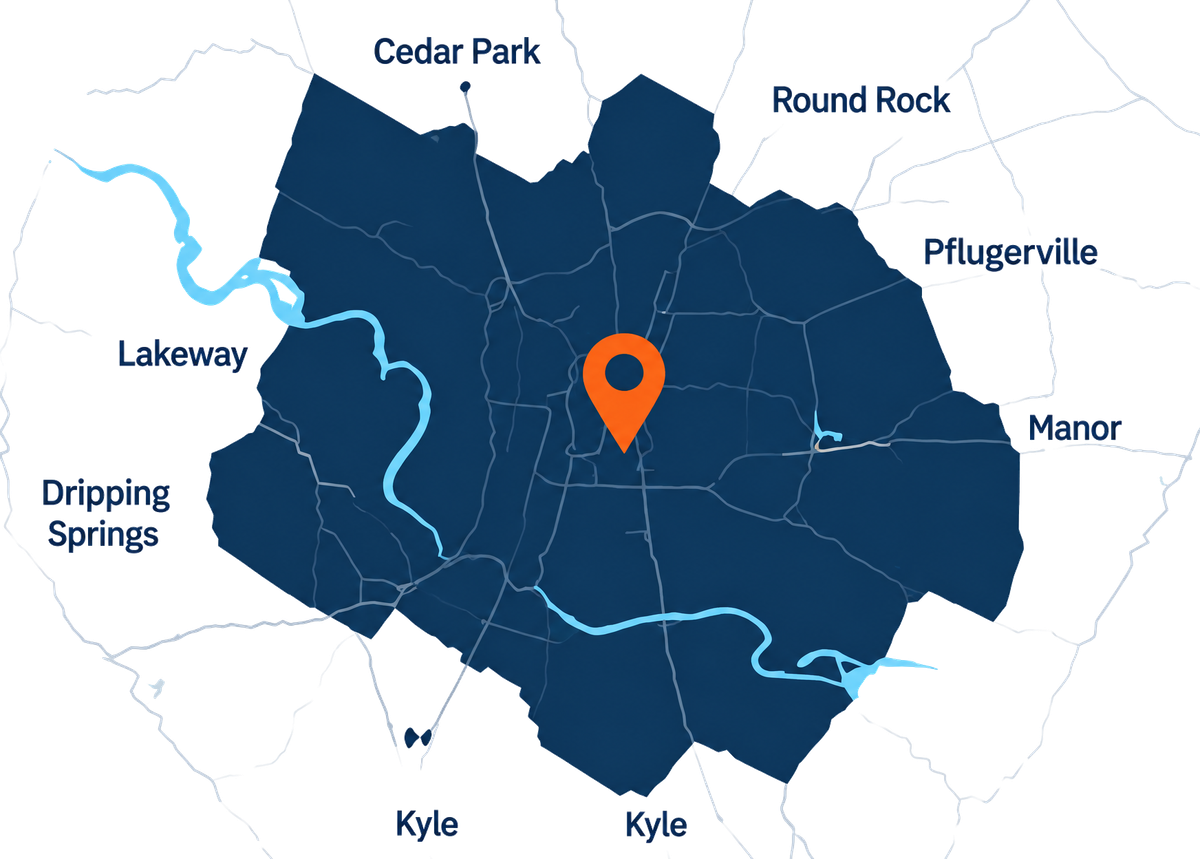 Stylized map of the Austin area with an orange pin on Austin and the river running through it
