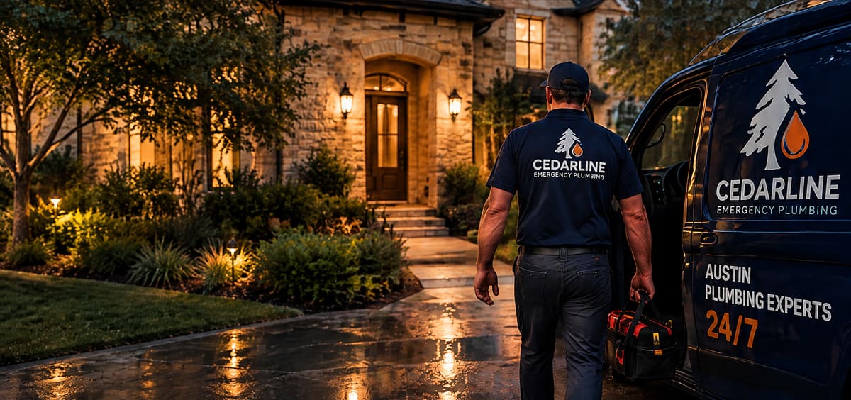 A plumber in a navy Cedarline uniform carries a tool bag from a navy service van toward a stone house lit by warm porch lights at night
