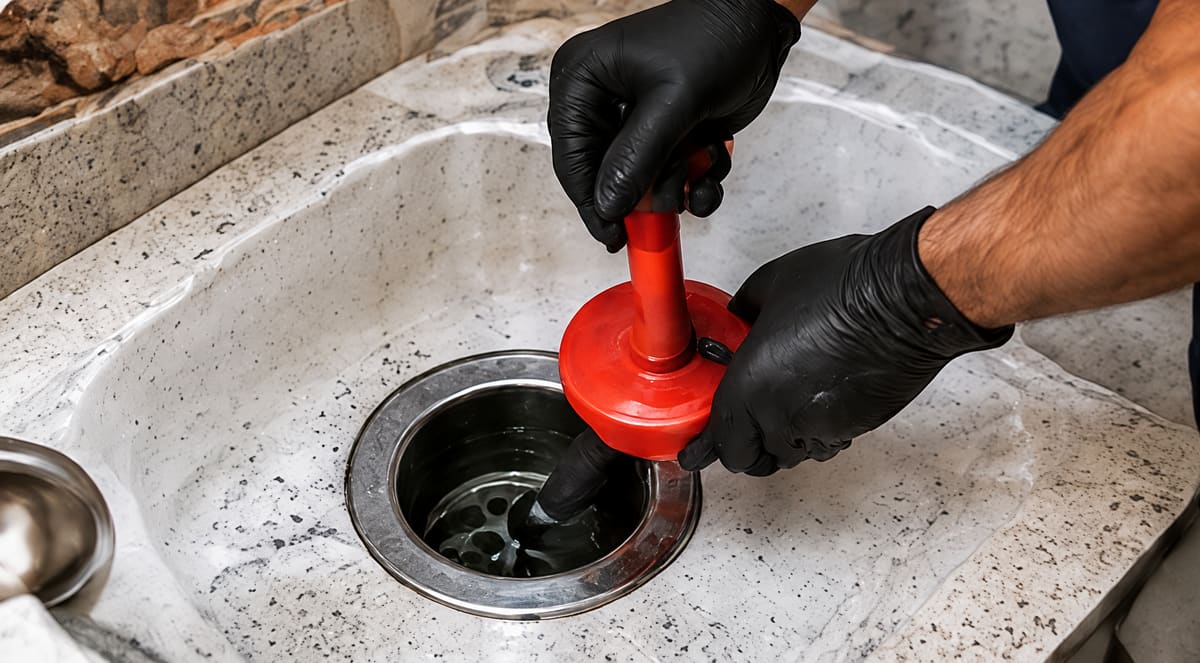 Gloved hands working a red plunger over a blocked sink drain
